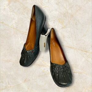 Audley London Leather Block Heel Pumps Womens 40 Dark Green Pleated Toe